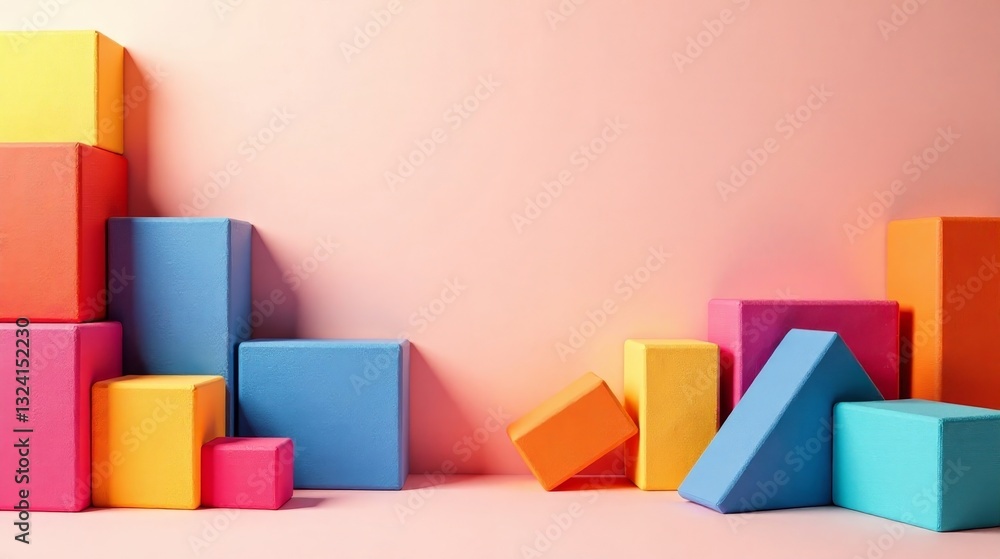 Vibrant Colored Blocks Arranged in Abstract Composition Against a Pastel Pink Background, Creating a Playful and Modern Visual Display of Geometric Shapes and Hues Vibrant Colored Blocks Arranged in Abstract Composition Against a Pastel Pink Background, Creating a Playful and Modern Visual Display of Geometric Shapes and Hues