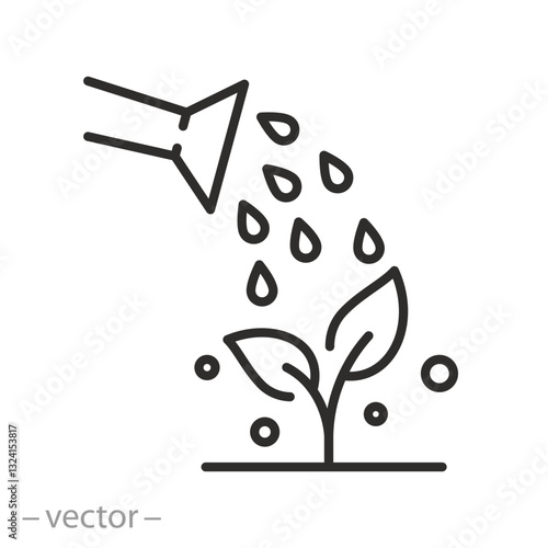 watering plants, moistening seedlings, fertilizing seedlings, thin line symbol on white background - editable stroke vector illustration