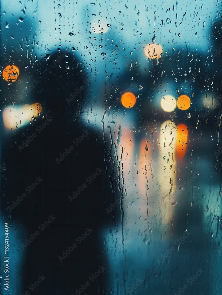 Obraz premium Melancholic raindrops create a reflective moment with a lonely figure against blurred city lights in soft blue and gray hues
