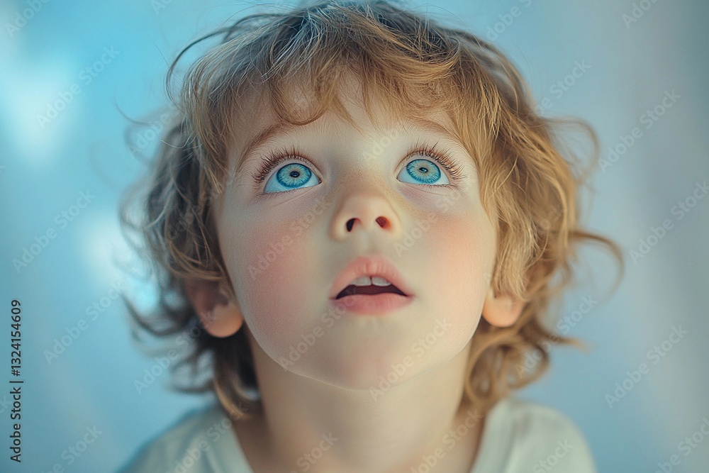 A young child with blonde, curly hair looks up with wide eyes, expressing curiosity and wonder in a softly lit environment Generative AI A young child with blonde, curly hair looks up with wide eyes, expressing curiosity and wonder in a softly lit environment Generative AI