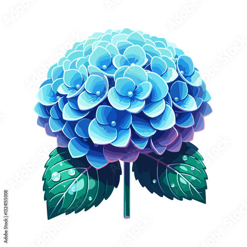 Stylized hydrangea inflorescence with blue petals and green leaves