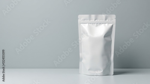 Blank White Stand-Up Pouch Mockup on a Neutral Background, Ideal for Packaging Design Presentations and Branding Projects