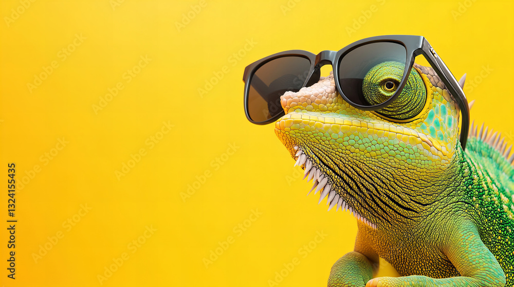 Colorful chameleon wearing sunglasses against a vibrant gradient background, exotic reptile in a trendy pose with neon lighting, concept of fun summer fashion and wildlife Colorful chameleon wearing sunglasses against a vibrant gradient background, exotic reptile in a trendy pose with neon lighting, concept of fun summer fashion and wildlife