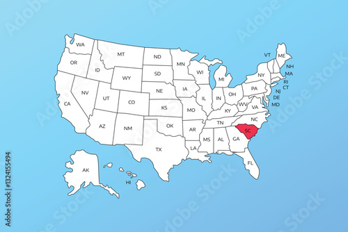 south carolina vector map isolated on United states map. Editable blank vector map of USA