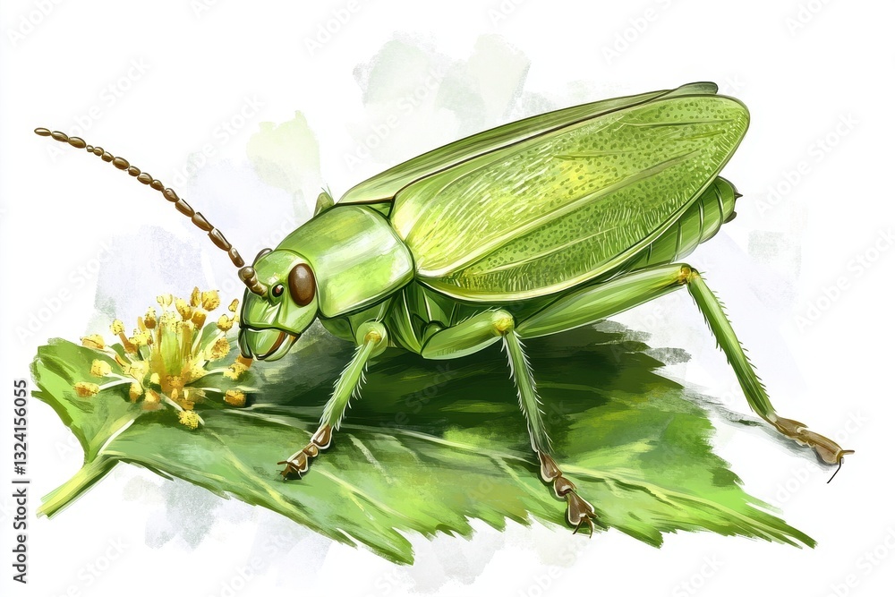 Detailed Illustration of a Green Grasshopper on a Leaf Detailed Illustration of a Green Grasshopper on a Leaf