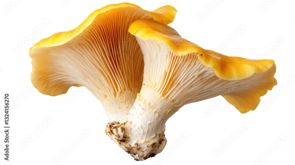 A single golden oyster mushroom with bright yellow caps and slender white stems, isolated on a transparent background, showcasing its natural beauty A single golden oyster mushroom with bright yellow caps and slender white stems, isolated on a transparent background, showcasing its natural beauty