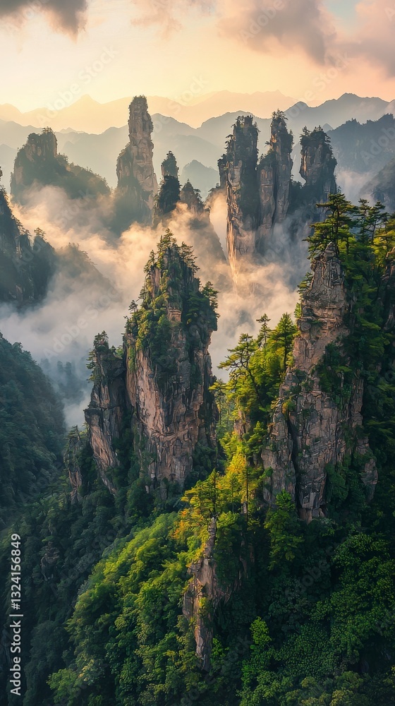 Towering rock formations rising through ethereal fog Towering rock formations rising through ethereal fog