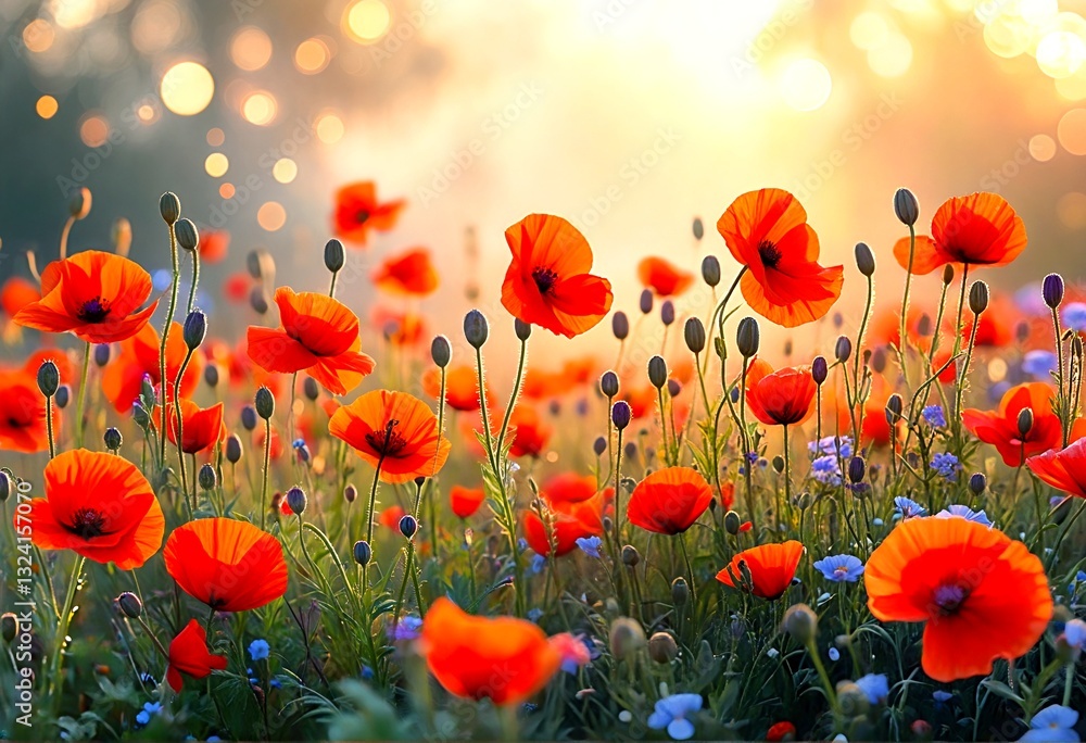 Obraz premium poppies and wildflowers blooming on a field during sunset.
