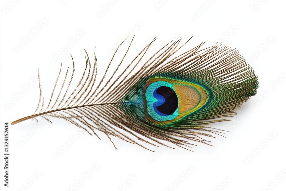 Fototapeta premium Single peacock feather with iridescent eye pattern isolated on Transparent Background