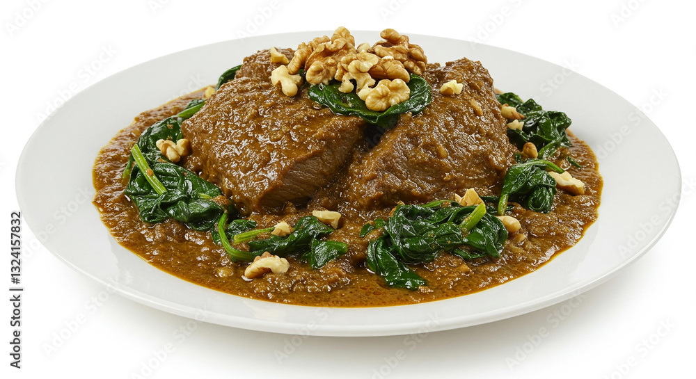 Delicious Walnut Crusted Beef Stew with Spinach in Rich Brown Sauce Delicious Walnut Crusted Beef Stew with Spinach in Rich Brown Sauce