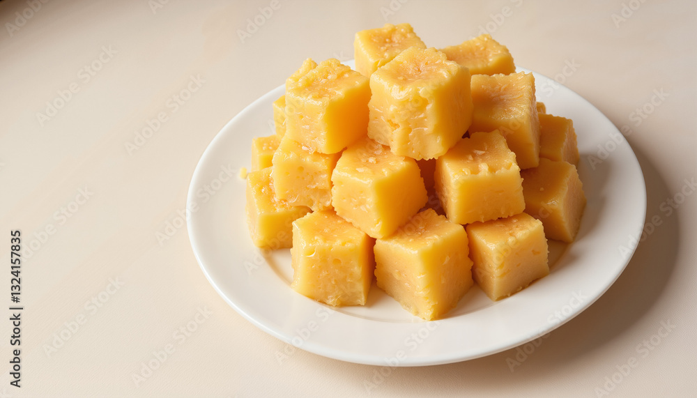 Small cubes of honey-infused dessert arranged on a white plate, offering a natural and delicious treat Small cubes of honey-infused dessert arranged on a white plate, offering a natural and delicious treat