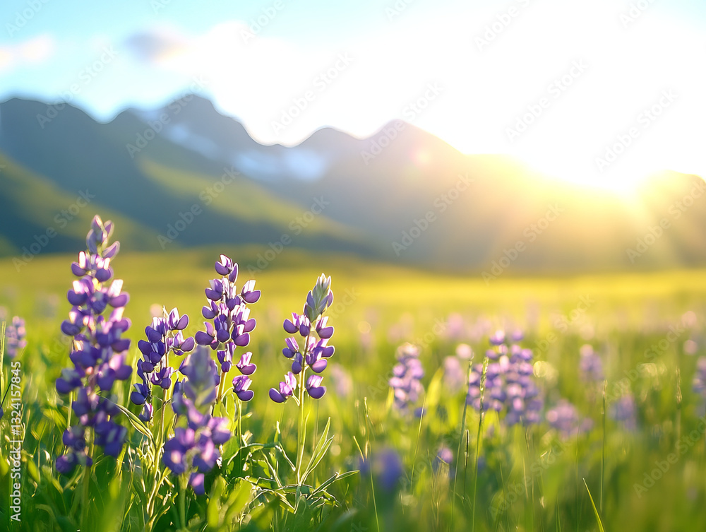 Vibrant wildflowers in open space with mountains and sunlight Vibrant wildflowers in open space with mountains and sunlight