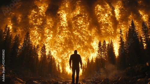 Man faces wildfire forest inferno backdrop
