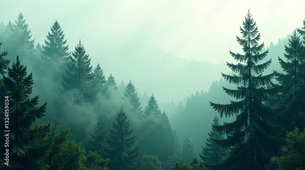 Fototapeta premium Misty Mountain Forest Enveloped in Serene Fog, A Picturesque Landscape of Evergreen Trees