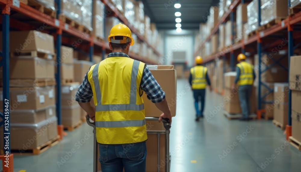 A focused warehouse worker in a yellow safety vest and hard hat pushes a cart loaded with boxes down a spacious aisle lined with shelves. The scene captures the essence of teamwork and productivity in A focused warehouse worker in a yellow safety vest and hard hat pushes a cart loaded with boxes down a spacious aisle lined with shelves. The scene captures the essence of teamwork and productivity in