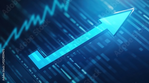 Close-up of a Upward arrow graph on a digital screen with financial charts, Symbolizes rising earnings, rising financials, and market analysis concepts.
