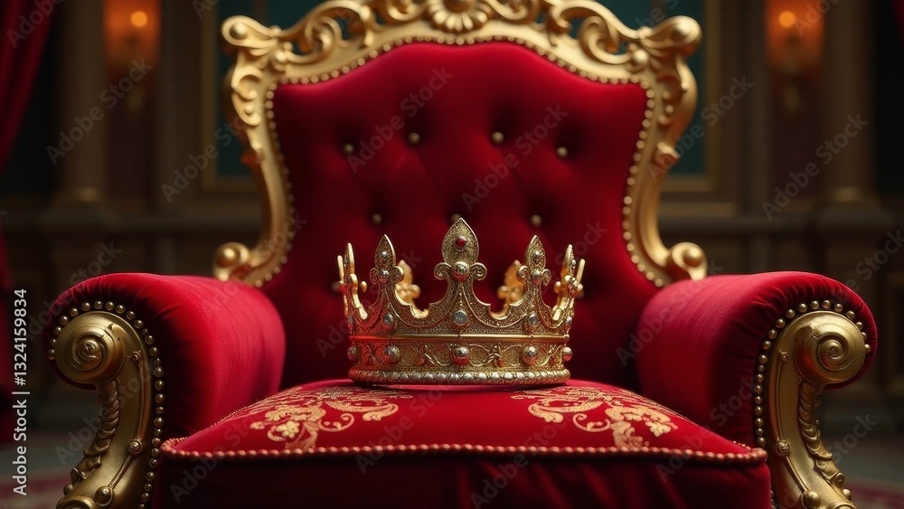 Fototapeta premium A regal golden crown adorned with precious gems rests upon a plush crimson throne, symbolizing power, authority, and legacy.