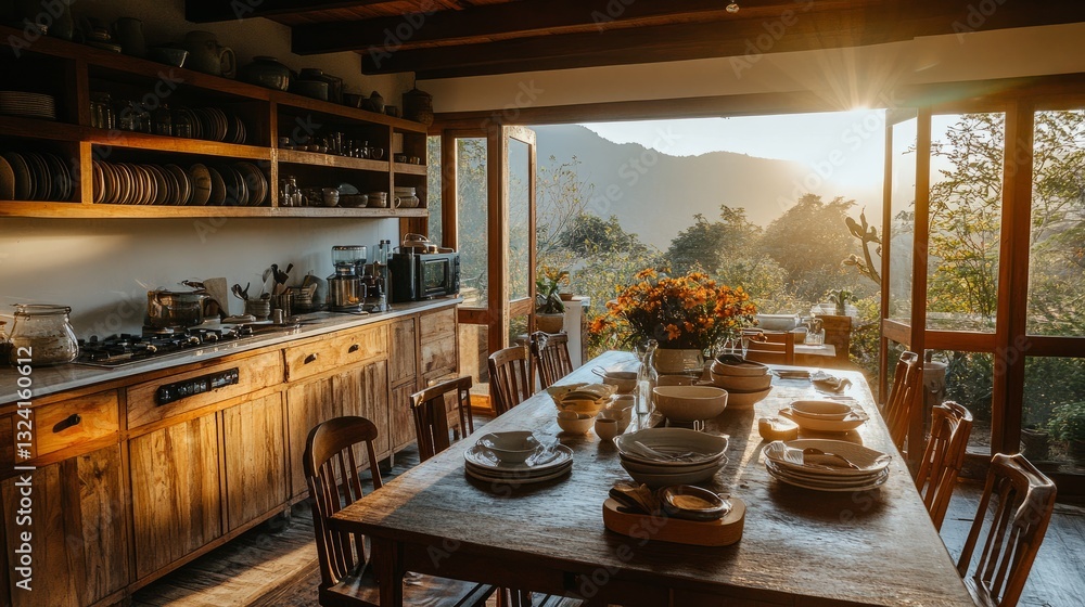 Fototapeta premium A traditional wooden kitchen with a large farmhouse dining table, ceramic dishware, and a breathtaking sunrise over the mountains