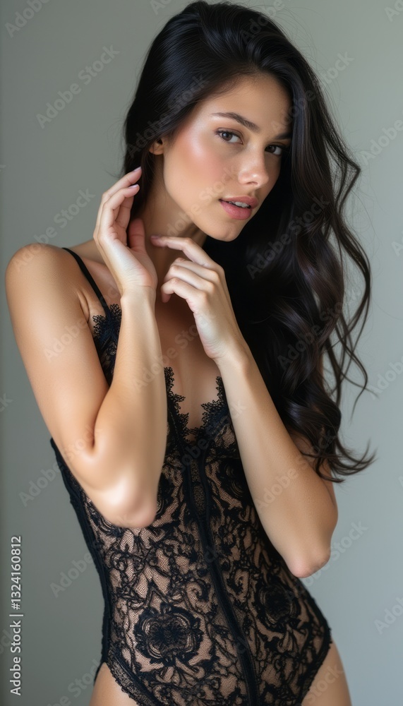 A stunning woman with long, flowing hair poses gracefully in a delicate black lace bodysuit, exuding confidence and allure. The intricate lace details accentuate her figure, creating a captivating A stunning woman with long, flowing hair poses gracefully in a delicate black lace bodysuit, exuding confidence and allure. The intricate lace details accentuate her figure, creating a captivating