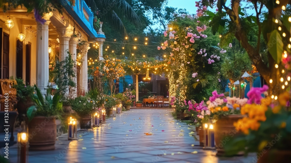 Fototapeta premium Serene Garden Pathway Illuminated by Soft String Lights at Dusk