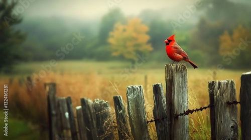 A Bright Red Bird Sitting Perched Upon Wooden Fence Post