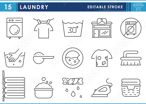 A set of line icons related to Laundry. Cloth, clean, wash, dry, handwash, and so on. Vector editable stroke.