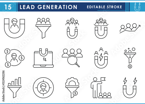 A set of line icons related to Lead Generation. Leading, progressive, money, creative, magnet, cone, target, and so on. Vector editable stroke.