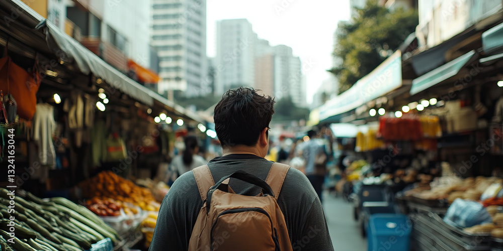 Naklejka premium Man Walking Away from Market Street in City