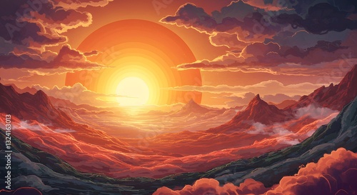 Polygonal Sunset Art: Vibrant Mountain Landscape Illustration