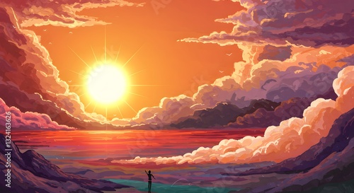 Polygonal Sunset Art: Vibrant Mountain Landscape Illustration