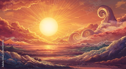 Polygonal Sunset Art: Vibrant Mountain Landscape Illustration