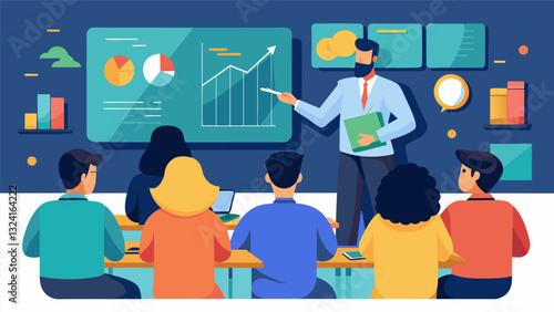 In a lecture hall students eagerly take notes as their professor explains how predictive analytics is used in various financial scenarios from credit scoring to fraud detection.. Vector illustration