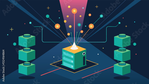 Information appeared before the quantum computer like rays of light each one representing a tiny piece of data being processed and analyzed.. Vector illustration