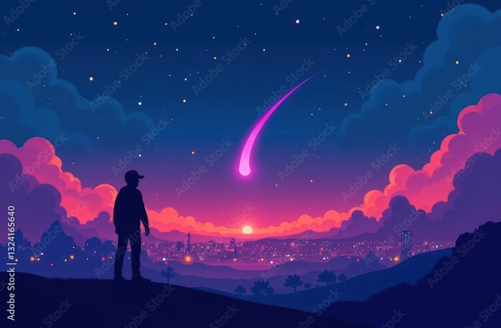 Fototapeta premium Comet approaches Earth as observer gazes at the vibrant night sky