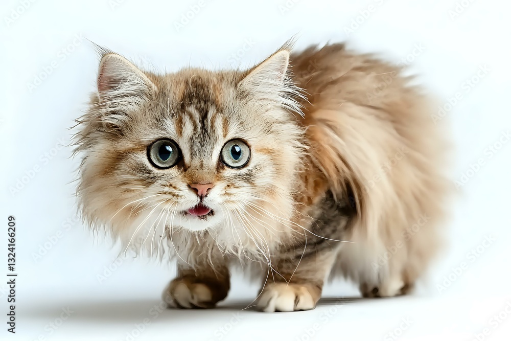 Obraz premium Fluffy brown Persian cat with big green eyes and expressive face showing tongue on white background, isolated studio portrait for pet and animal photography.