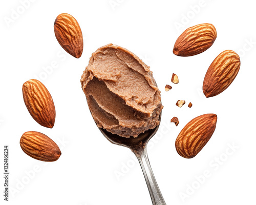 Creamy almond paste on spoon surrounded by whole almonds, showcasing its rich texture and natural ingredients. Perfect for baking or spreading