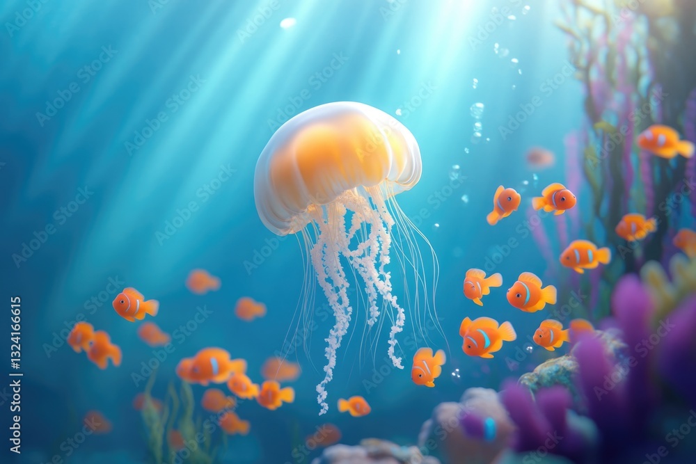 Naklejka premium A majestic jellyfish gracefully floats amidst a school of vibrant orange clownfish in a sunlit ocean scene.