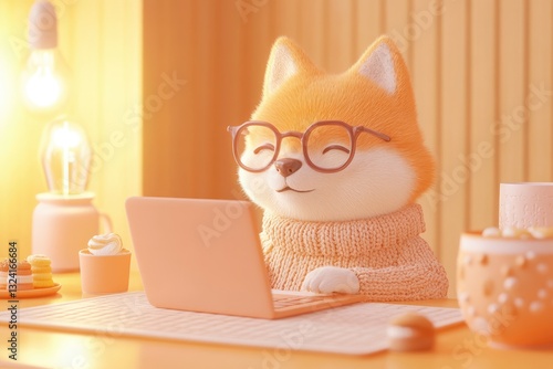 Cute Shiba Inu wearing glasses works on laptop in cozy room with warm lighting and treats.