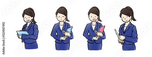 大きめの手描き水彩風 オフィスなどの仕事でクリップボードや書類を手に持つスーツ姿のOL素材 4枚セット4