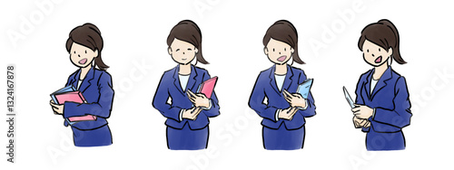 大きめの手描き水彩風 オフィスなどの仕事でクリップボードや書類を手に持つスーツ姿のOL素材 4枚セット3
