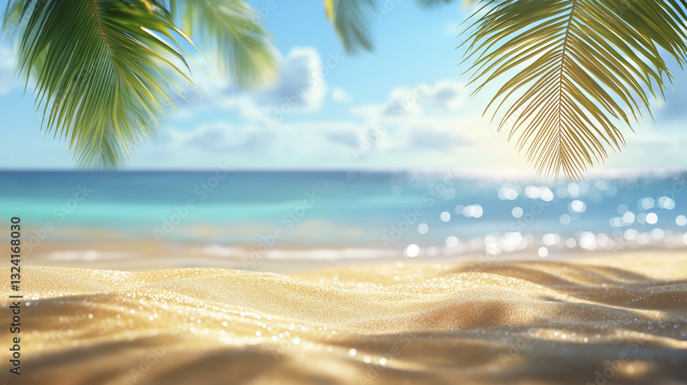 Obraz premium beautiful sandy beach with palm trees and serene ocean view, perfect for relaxation. sun shines brightly, creating tranquil and inviting atmosphere