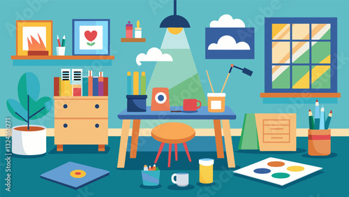 An arts and crafts room equipped with supplies for painting drawing and other creative activities offering a theutic outlet for employees to express themselves and destress.. Vector illustration