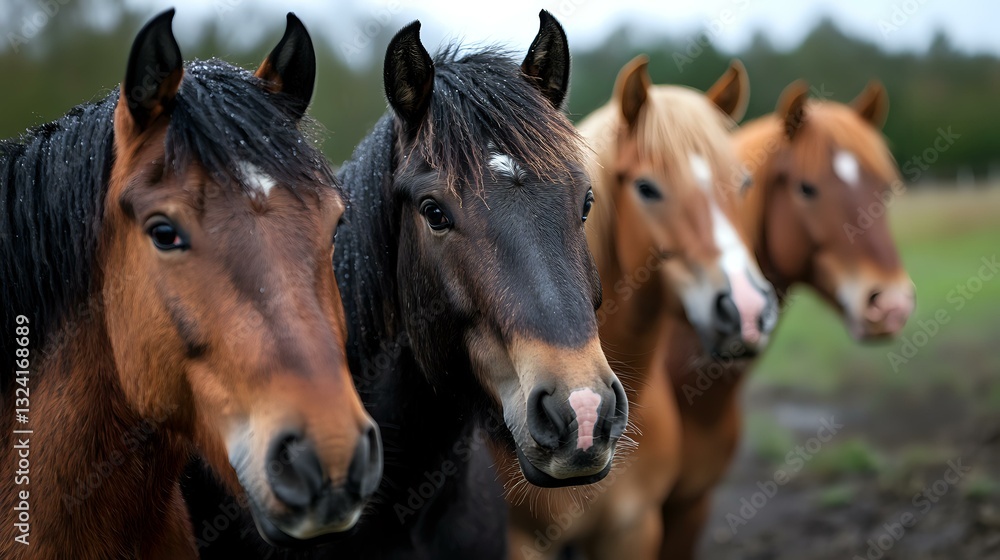 Four majestic horses standing in a row showing their faces and distinctive markings, displaying different coat colors from dark bay to chestnut, against natural background. Four majestic horses standing in a row showing their faces and distinctive markings, displaying different coat colors from dark bay to chestnut, against natural background.