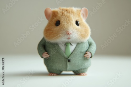 A cute hamster dressed in a green suit and tie, standing confidently.