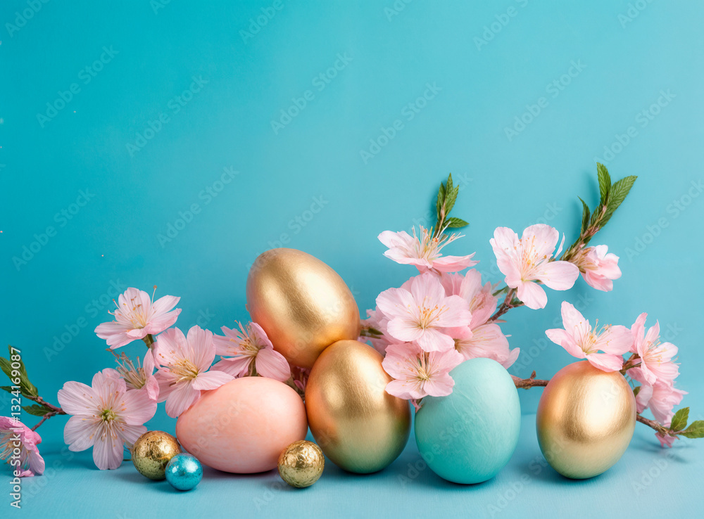Fototapeta premium generative AI spring holiday Easter happy Easter Easter decor painted eggs spring flowers sakura postcard