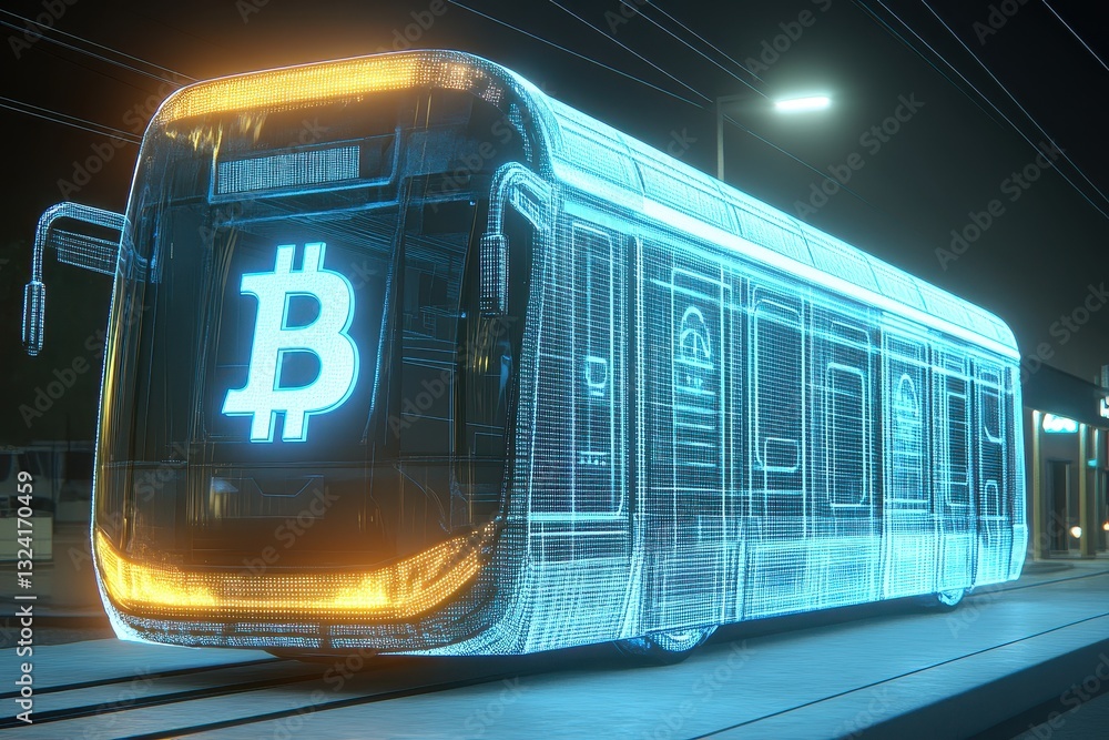 Obraz premium Futuristic Electric Tram Concept with Bitcoin Symbol in Neon Lights