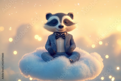 A serene raccoon in a suit meditates peacefully on a fluffy cloud at sunset.