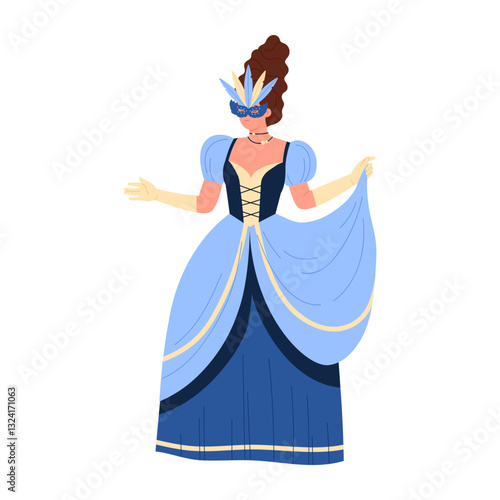 A graceful woman elegantly dressed in a stunning blue gown and wearing a decorative mask, ideal for festive occasions