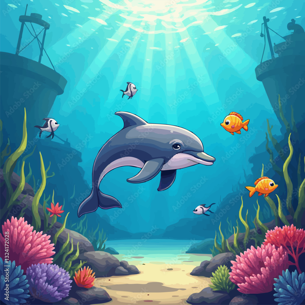 Fototapeta premium Vector drawing of cartoon dolphin and tropical fish under water at coral reef. Underwater world of ocean. Algae, corals and sea anemones on seabed. Illustration for children notepad.