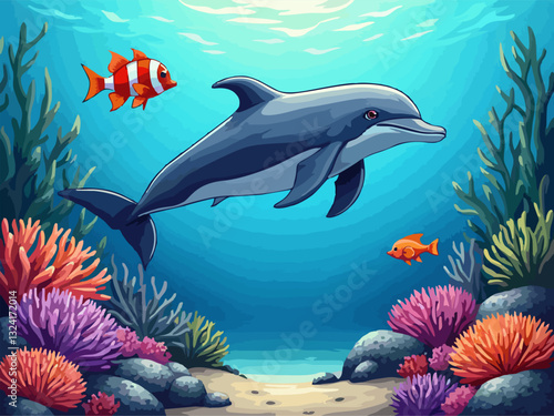 Vector drawing of cartoon dolphin and tropical fish 
under water at coral reef. Underwater world of ocean.
Algae, corals and sea anemones on seabed.
Illustration for children notepad.